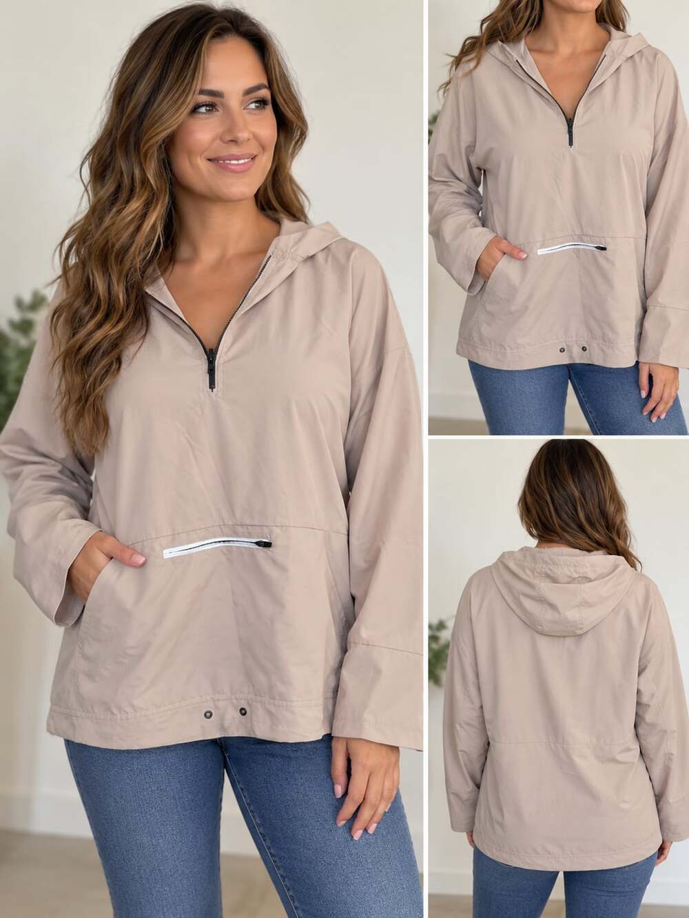 Nine West Active Anorak Size XL Hooded Quarter Zip Beige Jacket